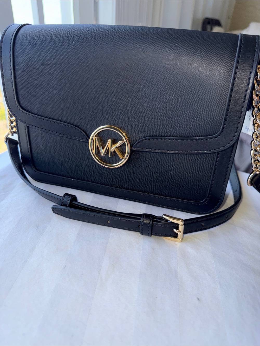 NWT -Michael Kors Black “Leida” medium Crossbody Bag with Gold MK Logo